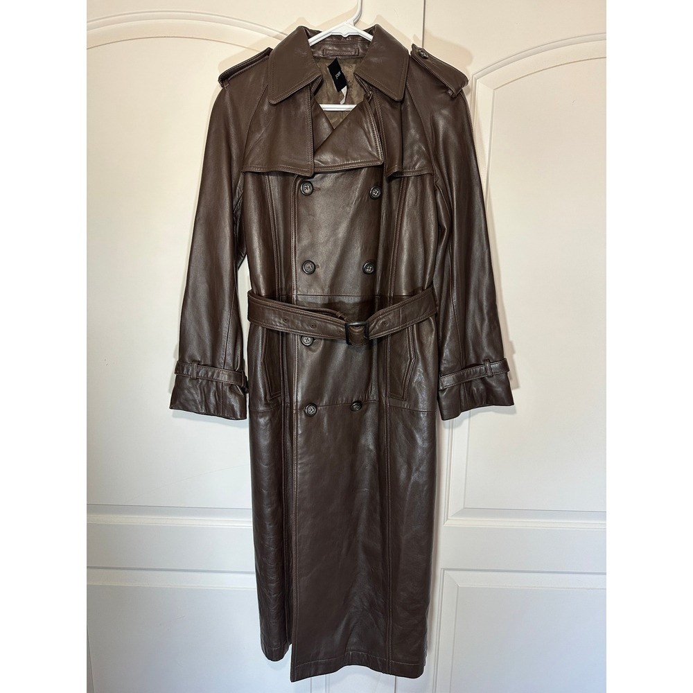 J.Crew Trench Coat Womens 6 Brown Leather Double Breasted Belted Long Jacket - Picture 2 of 7
